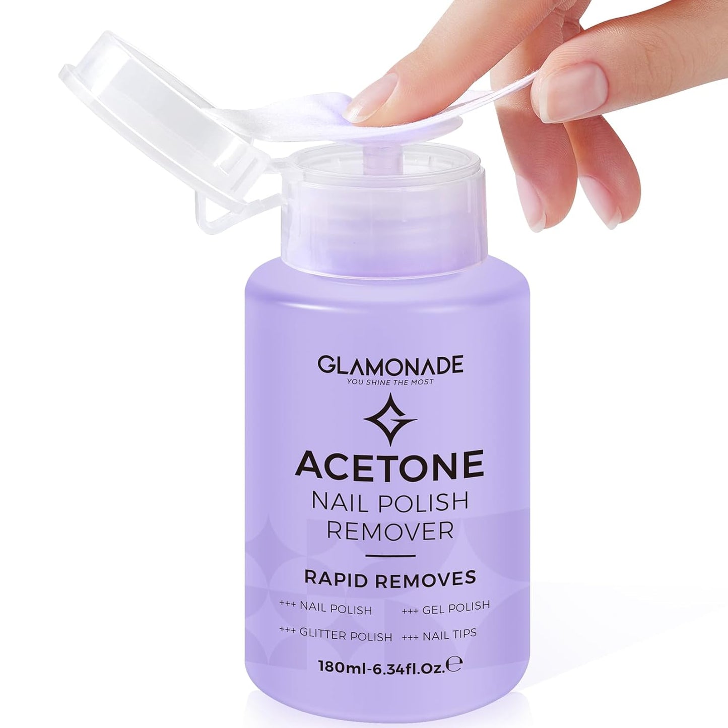Glamonade Acetone Nail Polish Remover - Gel & Glitter Polish Remover with Aloe Vera | Easy Push-Down Pump (6.34 Fl Oz)