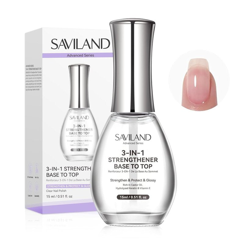 SAVILAND 3-in-1 Nail Strengthener | Quick-Dry Base & Top Coat - 15ml Clear Polish for Damaged Nails