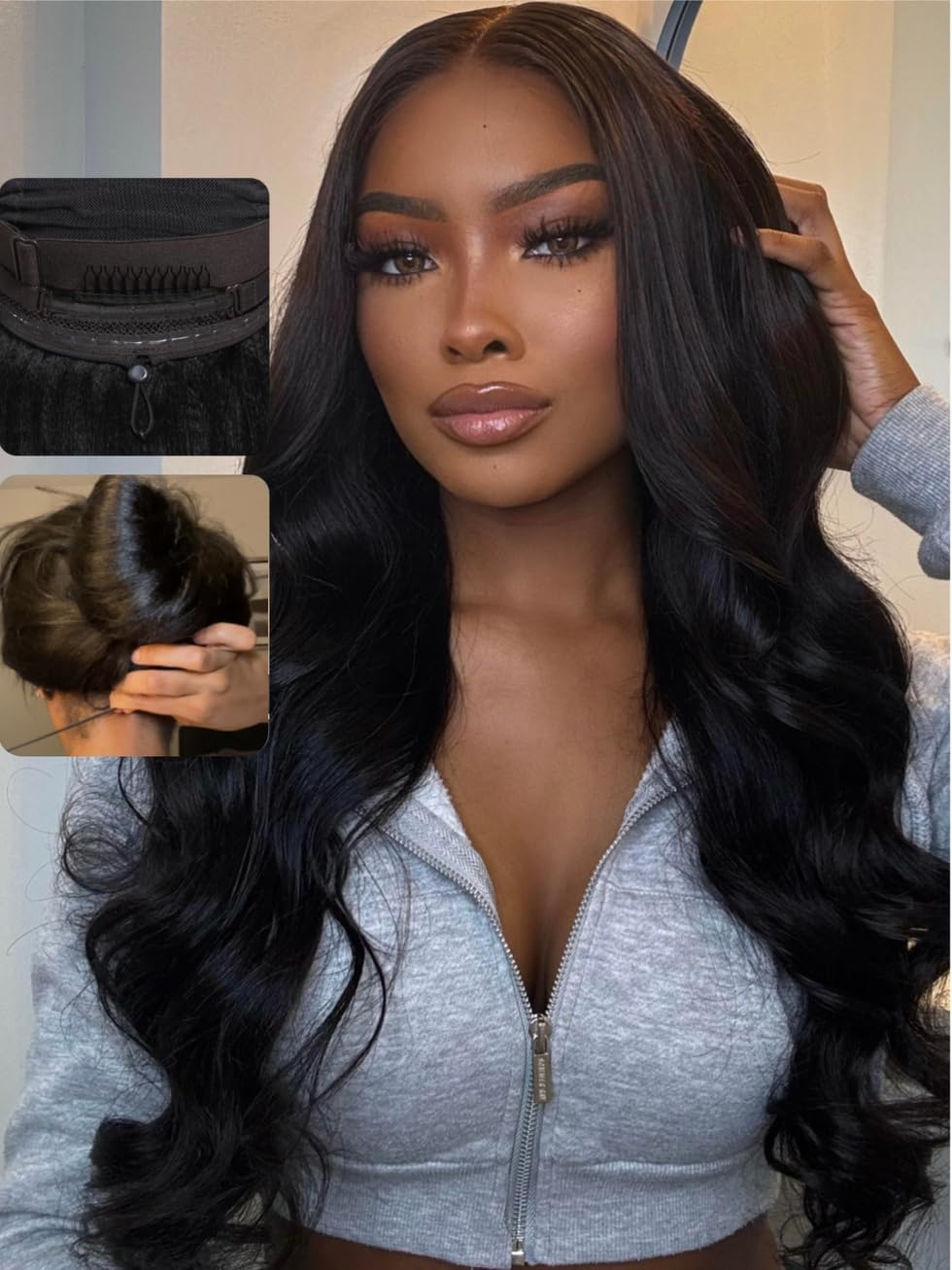 UNICE Body Wave 13x4 Lace Front Wig Human Hair Pre Everything Glueless Drawstring Wig Pre Plucked Pre Cut Bleached Knots Ready to Wear Black Frontal Wigs 150% Density 22 inch