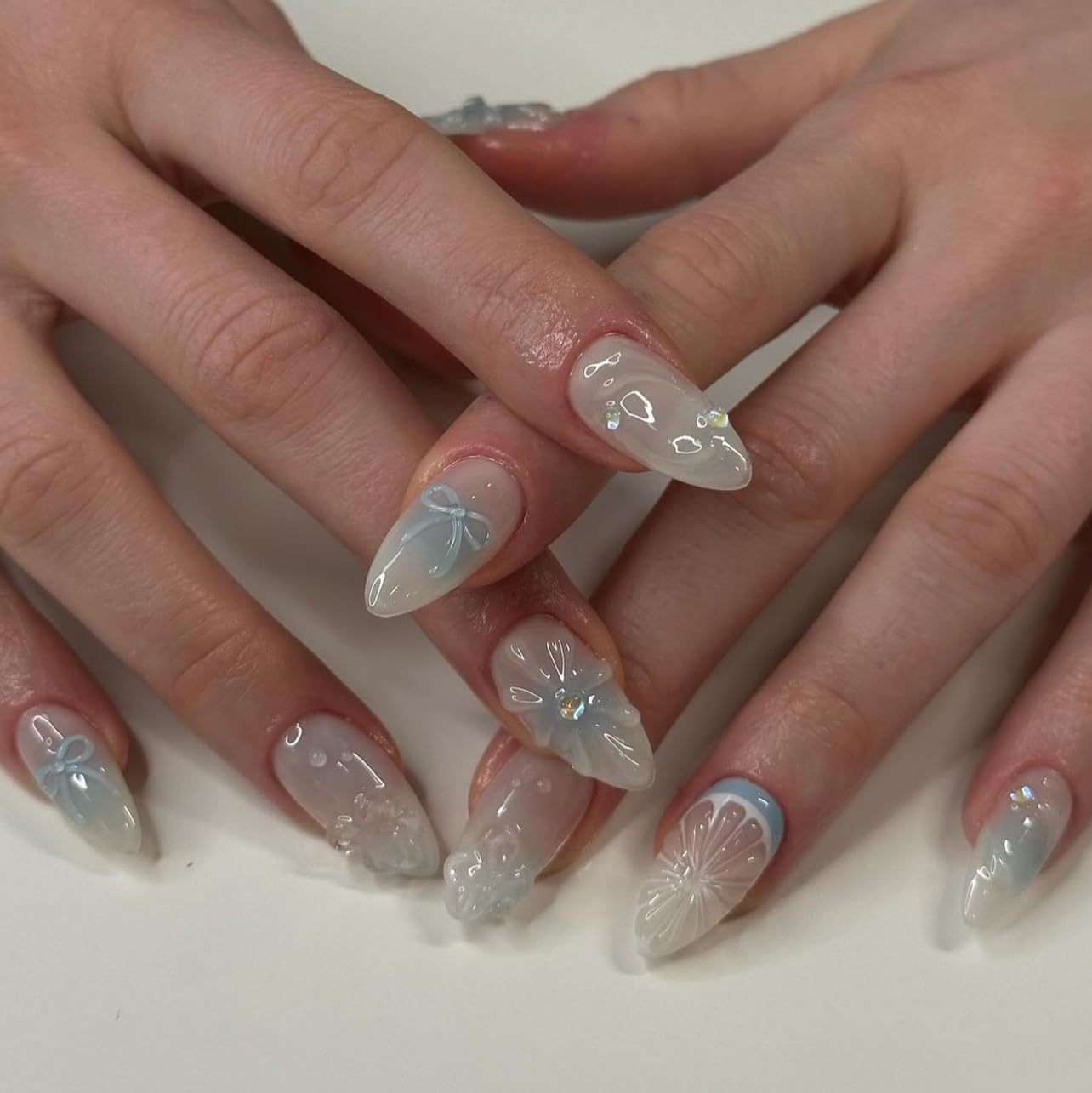 Almond Press-On Nails - Ombre Purple Floral Butterfly Design | 24 Full Cover Rhinestone False Nails for Women