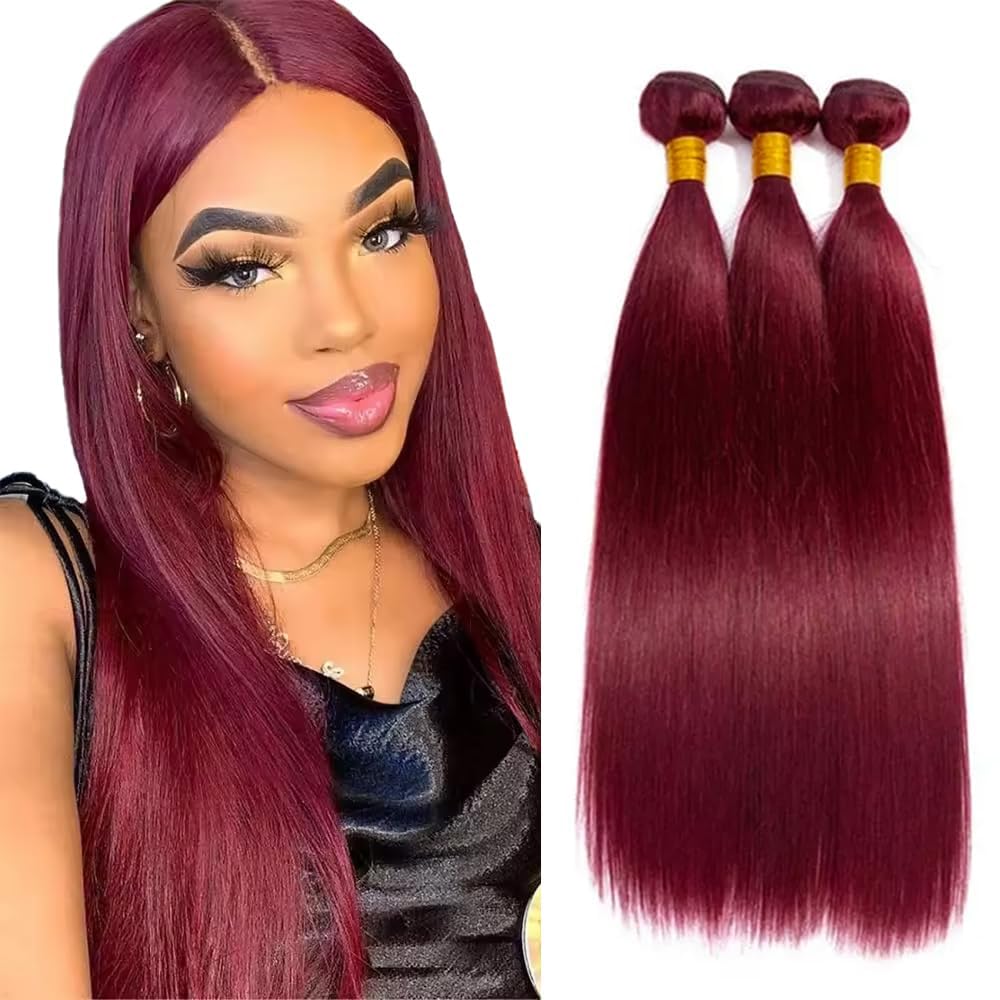 99J Human Hair Bundles Burgundy Straight 3 Bundles 16 18 20 Inch 150g Double Weft Brazilian Unprocessed Virgin Human Hair Extensions for Women