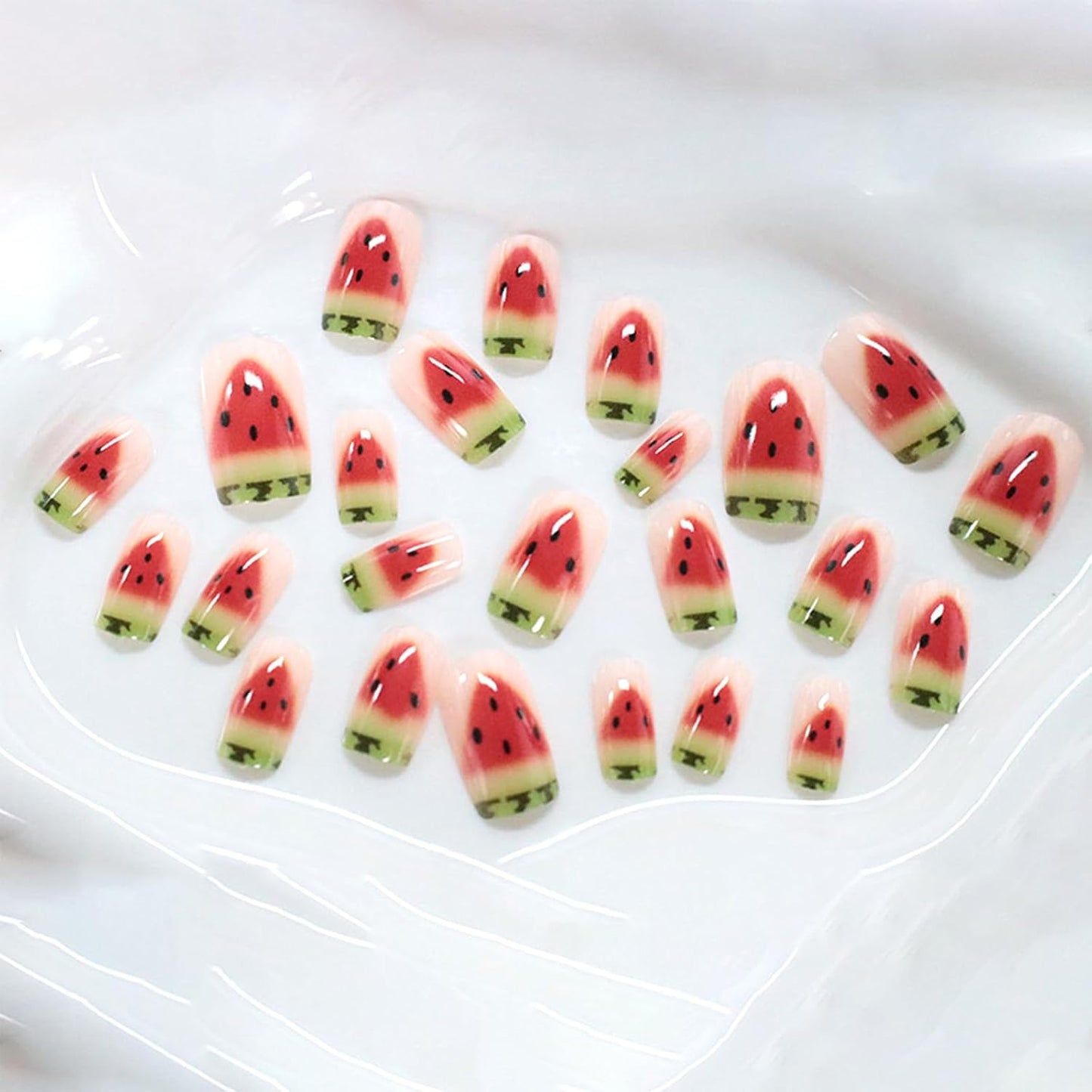 Press-On Nails - Medium Square Watermelon French Tips | Glossy Acrylic Full Cover, Reusable 24 Pcs for Women