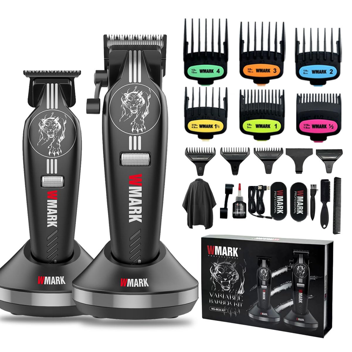 WMARK Hair Clippers for Men Professional Barber Clippers for Hair Cutting Cordless Clippers and Trimmers Set, Stepless Speed Control, Long Battery Life, DLC Titanium Ceramic Fade Blades NG-8634KIT
