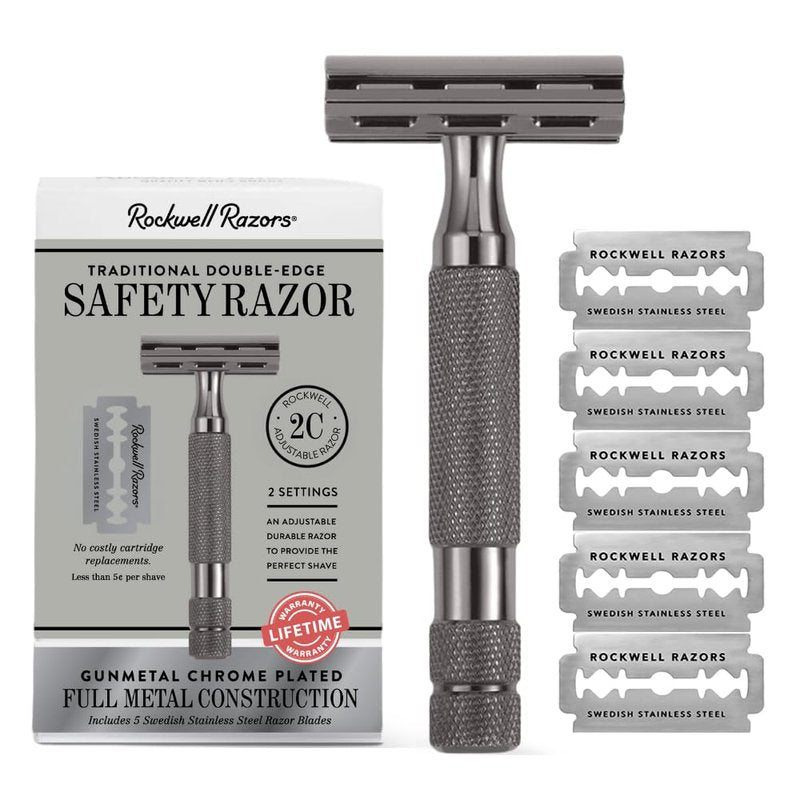 ROCKWELL RAZORS 2C Gunmetal Chrome Double Edge Safety Razor With Adjustable Shave Settings and 5 Fully Recyclable Razor Blades. Reusable Safety Razors for Men and Women