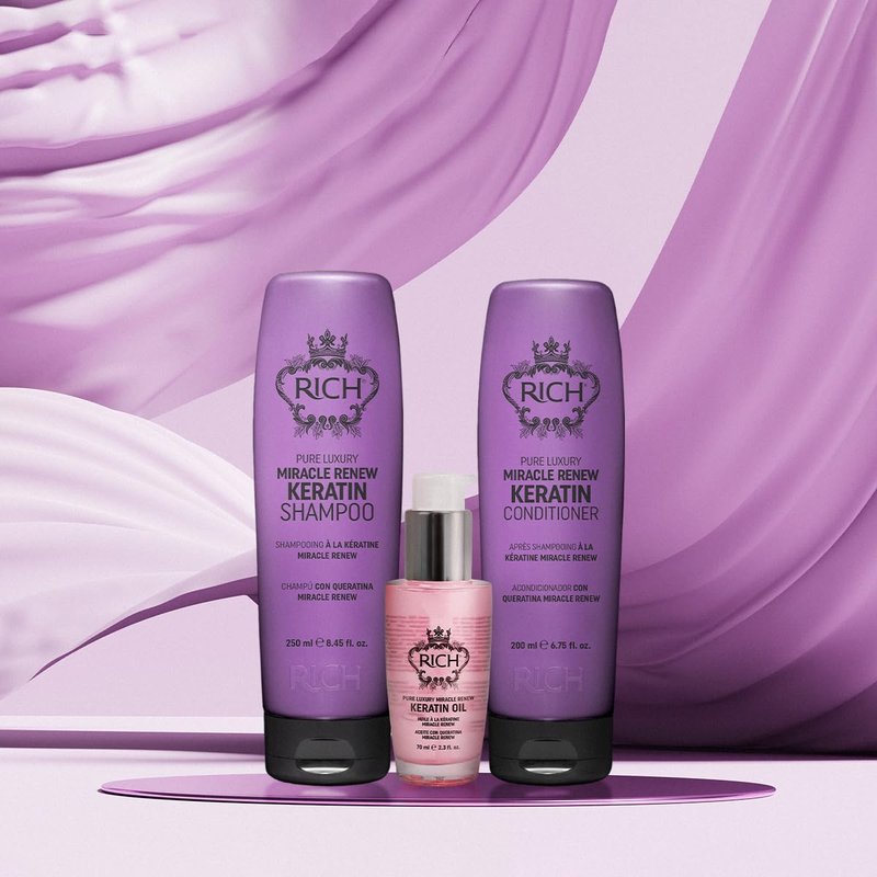 RICH Pure Luxury Miracle Renew Keratin Shampoo for All Hair Types - Repair, Protect and Strengthen Damaged Hair & Split Ends - Argan Oil, Algae & Red Grape extract - 8.45 Oz