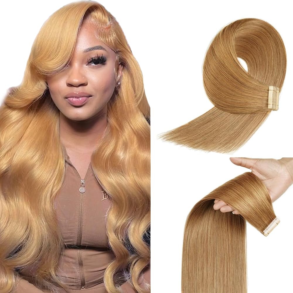 14 Inch #27 Blonde Tape in Extensions Human Hair Honey Blonde Straight Tape ins Hair Extensions Real Hair Skin Weft Seamless Invisible Remy Hair 40g 10Pcs.