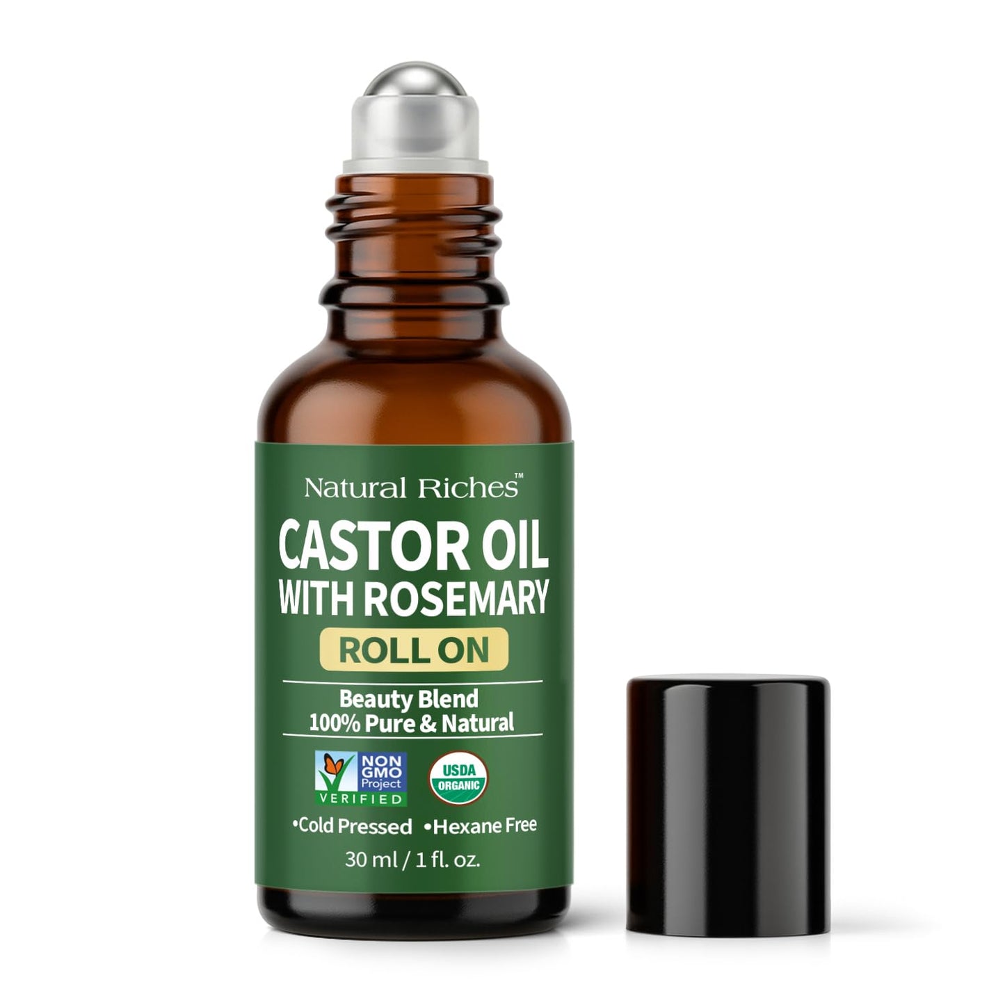 Organic Castor Oil Roll-On - 100% Pure, Cold Pressed, Hexane Free | 1 fl oz Glass Bottle with Roller Ball Applicator