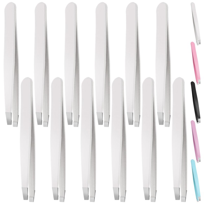 Swpeet 12Pcs 3.79 Inches Pink Eyebrow Tweezers Stainless Steel Slant Tip Tweezers Kit, Professional Eyebrow Facial and Hair Remover, Slant Pointed Precision Tweezers Fits for Men and Women
