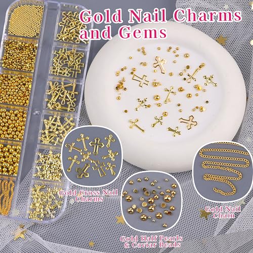 Gold Silver Nail Charms Set with Chains & Beads - 6 Boxes DIY Manicure Decor