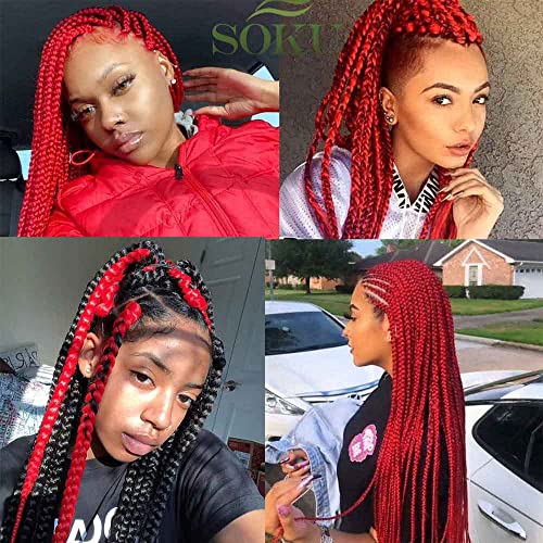SOKU Pre-Stretched Red Braiding Hair - 24" Soft Synthetic Fiber, 4 Packs