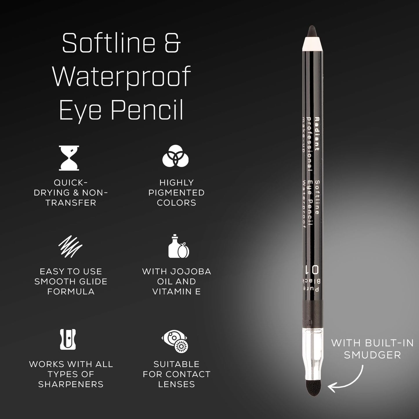 Professional Black Waterproof Eyeliner Pencil - Long-Lasting Smudge-Proof Formula for Smoky Eyes | Soft Waterline Eyeliner with Smudger Tool - Black