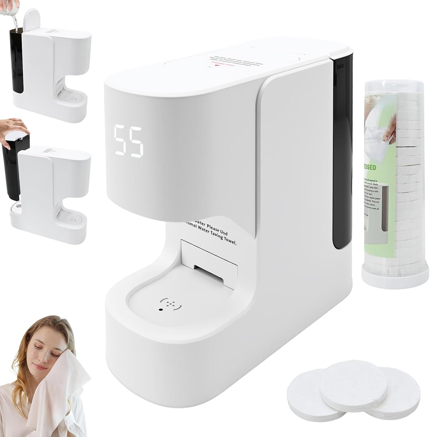 Face Towel Warmer with Voice Alert - Fast 5-Second Heating & 55°C Temperature Control | Includes 20 Compressed Towels