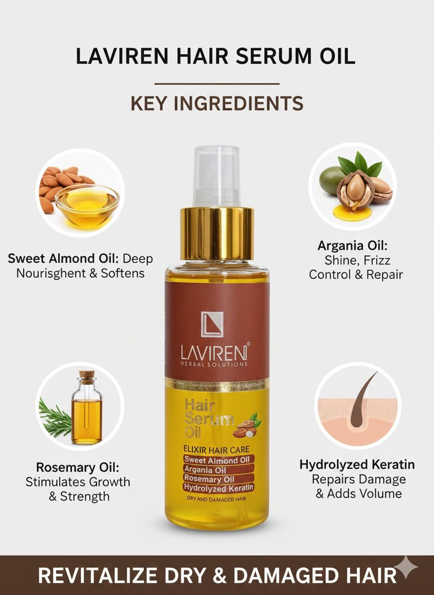 LAVIREN Elixir Hair Care Oil with Sweet Almond, Argania, Rosemary and Hydrolyzed Keratin for Dry and Damaged Hair Treatment
