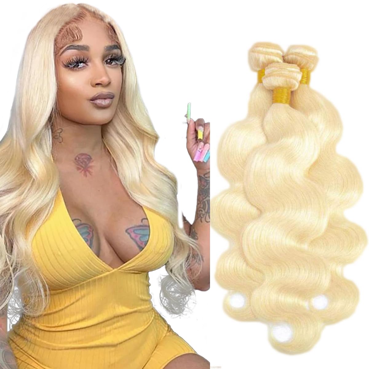 #613 Honey Blonde Bundles Human Hair Body Wave Bundles 24 26 28 Inch Blonde Unprocessed Brazilian Virgin Hair 3 Bundle Deals Quick Weave Hair Extensions 50 Gram Per Bundle For Woman