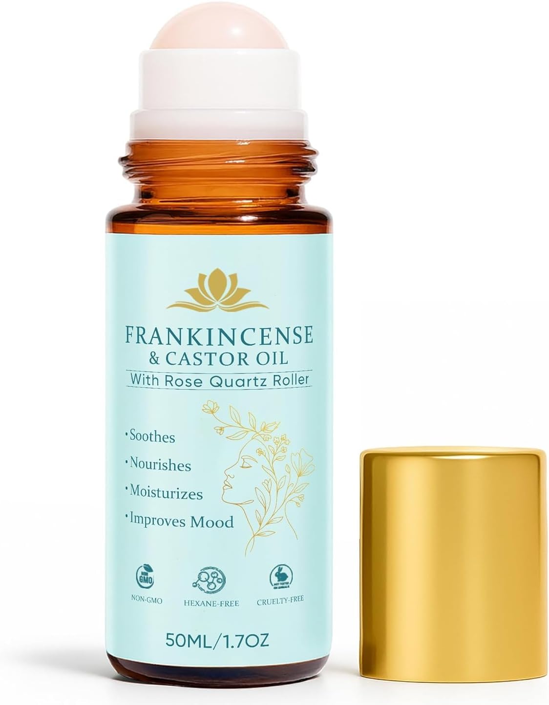 Organic Frankincense & Castor Oil Roll-On | 100% Pure Cold-Pressed with Rose Quartz Roller - 50ml/1.7oz