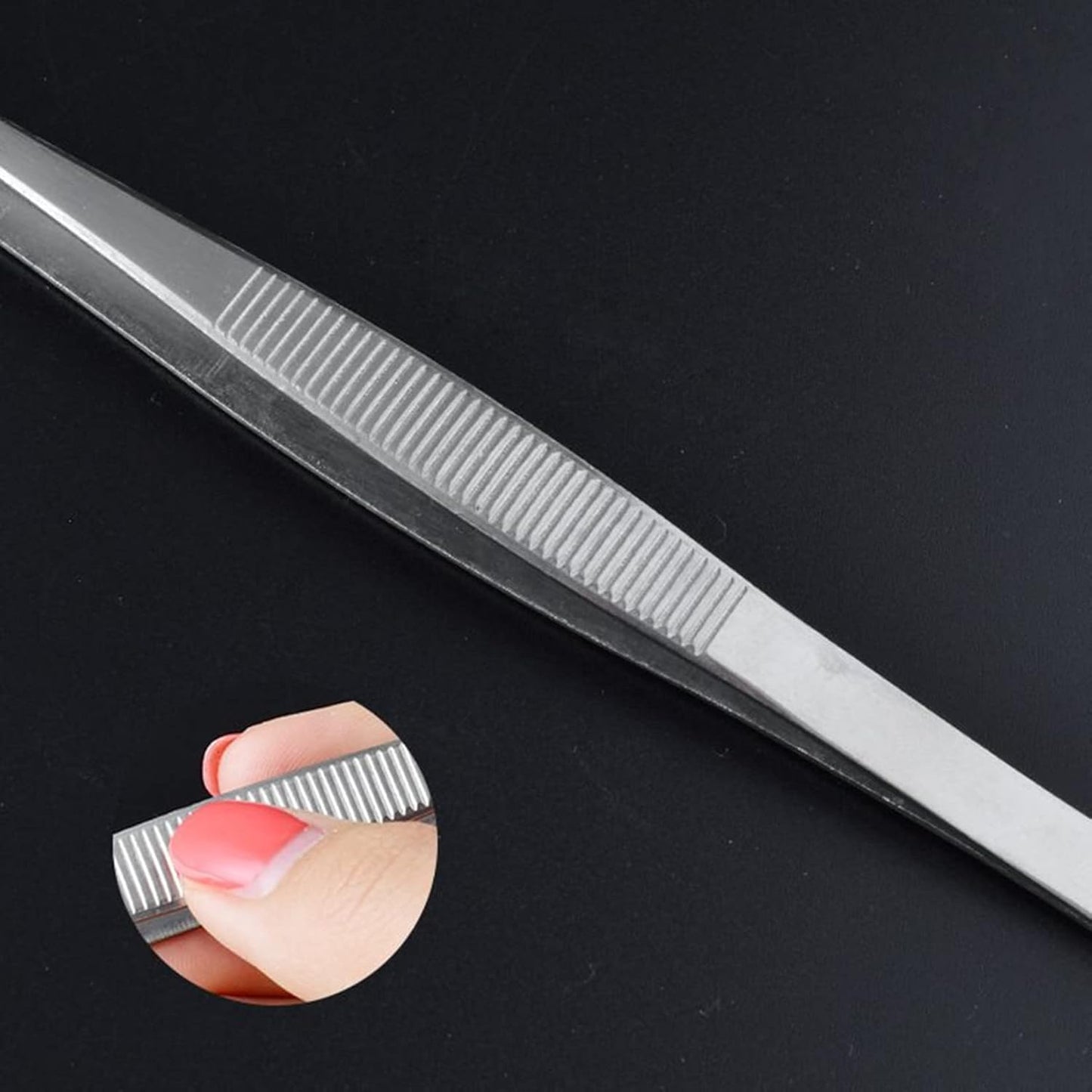 Precision Curved Tweezers - 5.5 Inch Bent Tip Metal Forceps for Jewelry, Sewing & Cooking | Serrated Flat Tips, Knurled Handles