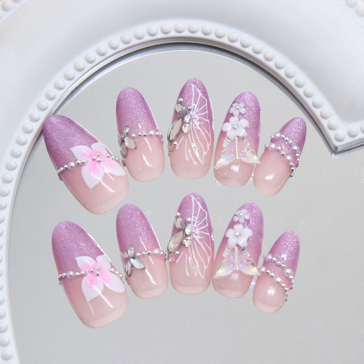 Gradient Purple Press-On Nails - Medium Almond French Tip with Glitter & 3D Pearl Gems | 30 Pcs Spring Flower Design