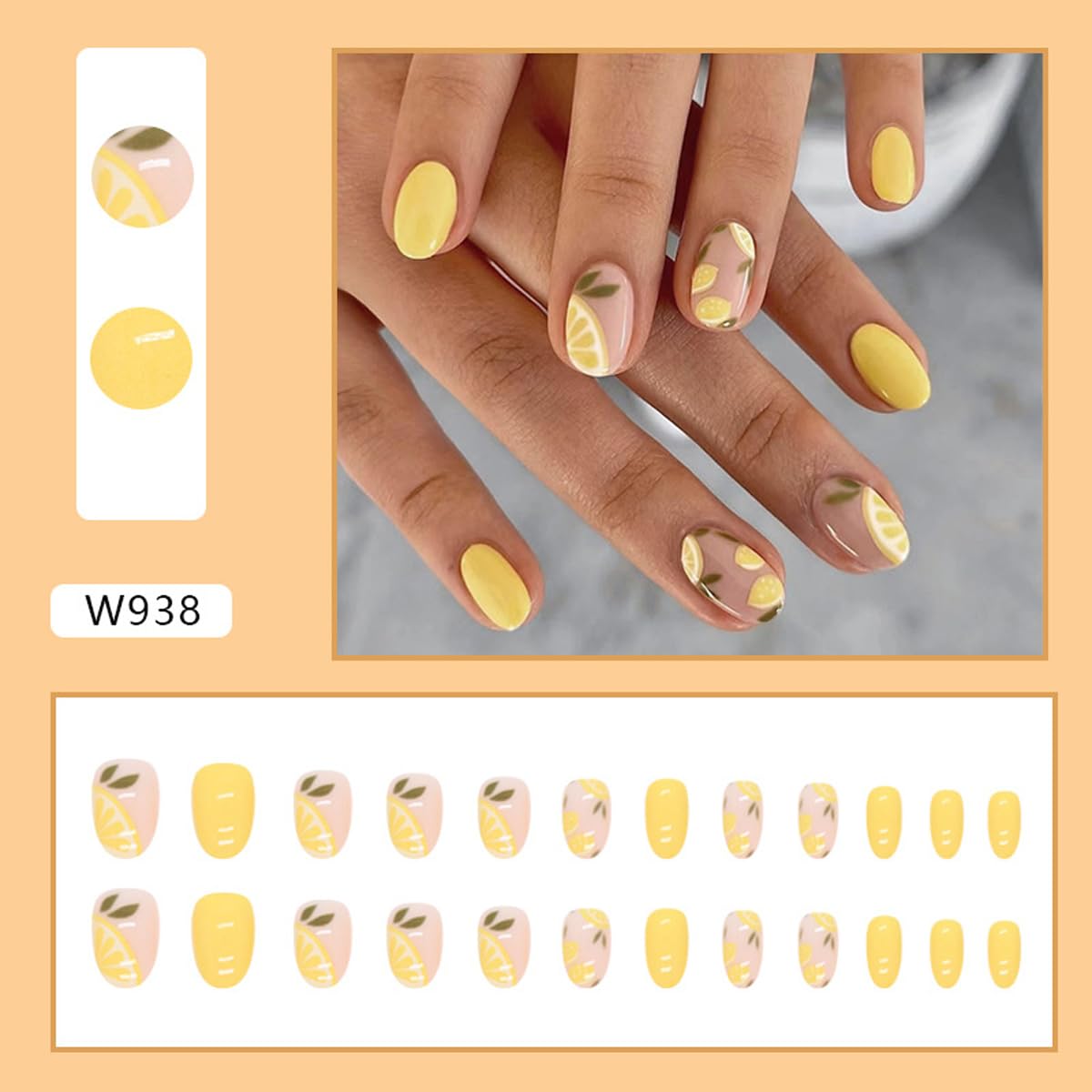 Lemon Press-On Nails - Short Oval Yellow | Fresh Fruit Design, Skin-Friendly & Trimable for Summer Fun