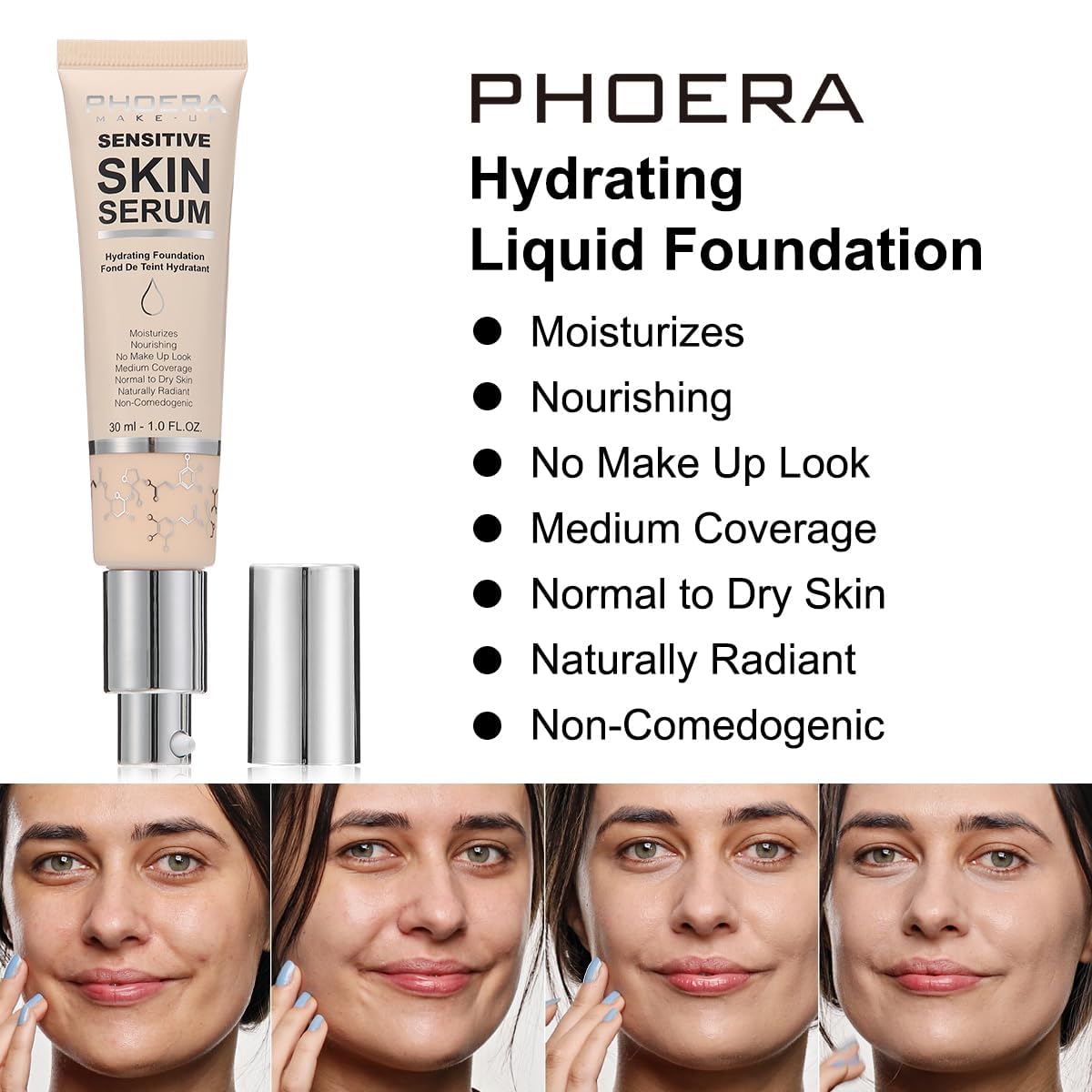PHOERA Hydrating Serum Foundation - Flawless Full Coverage Makeup | N05 Tan, Hypoallergenic Formula