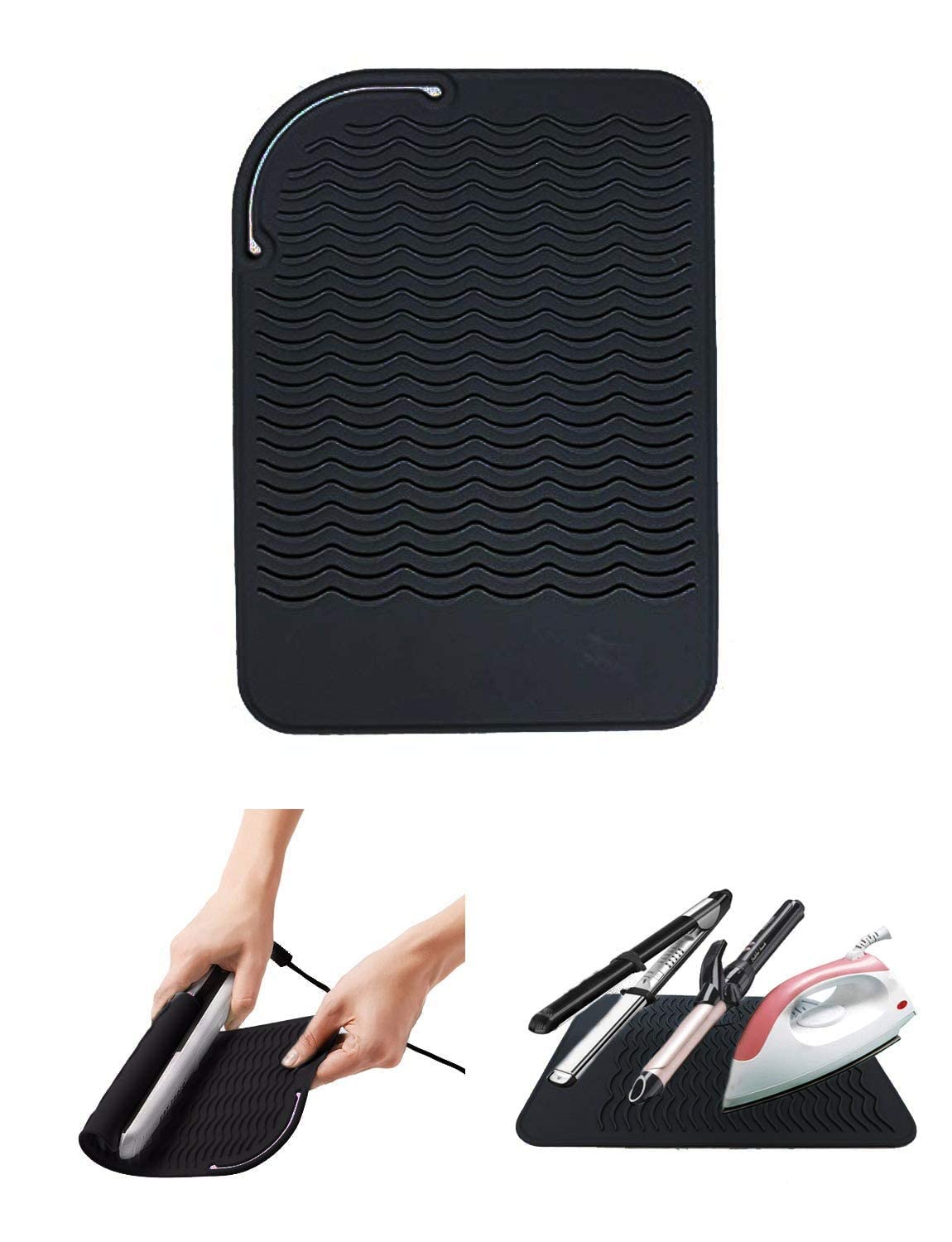 Heat Resistant Mat for Curling Irons & Flat Irons - Food Grade Silicone, 9" x 6.5", Black