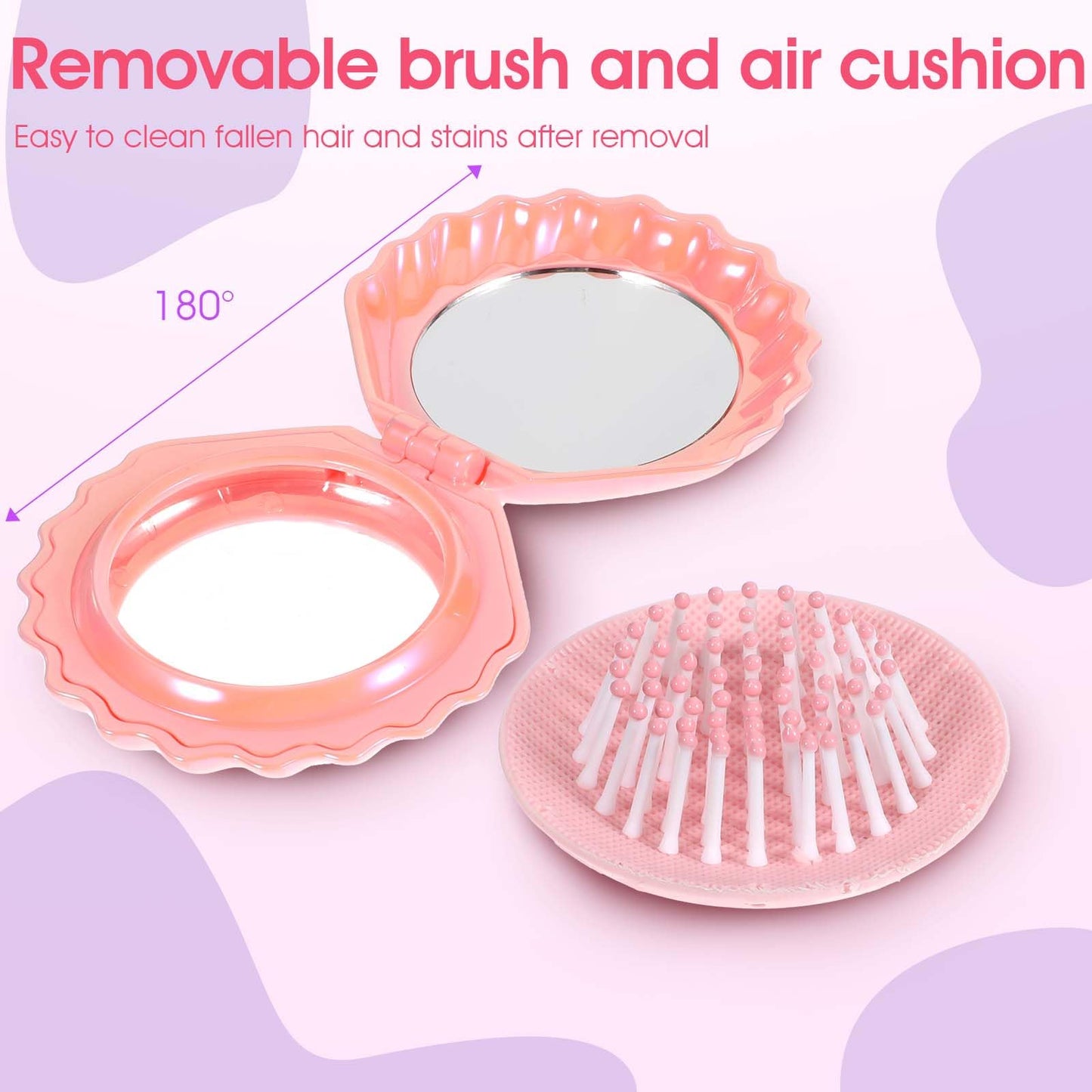 Foldable Travel Hair Brushes with Mirror, Shell Shape Pocket Brush Foldable Comb, Compact Size Hair Massage Comb, Portable Mini Makeup Mirror Set Gifts for Girls (Pink, Purple)
