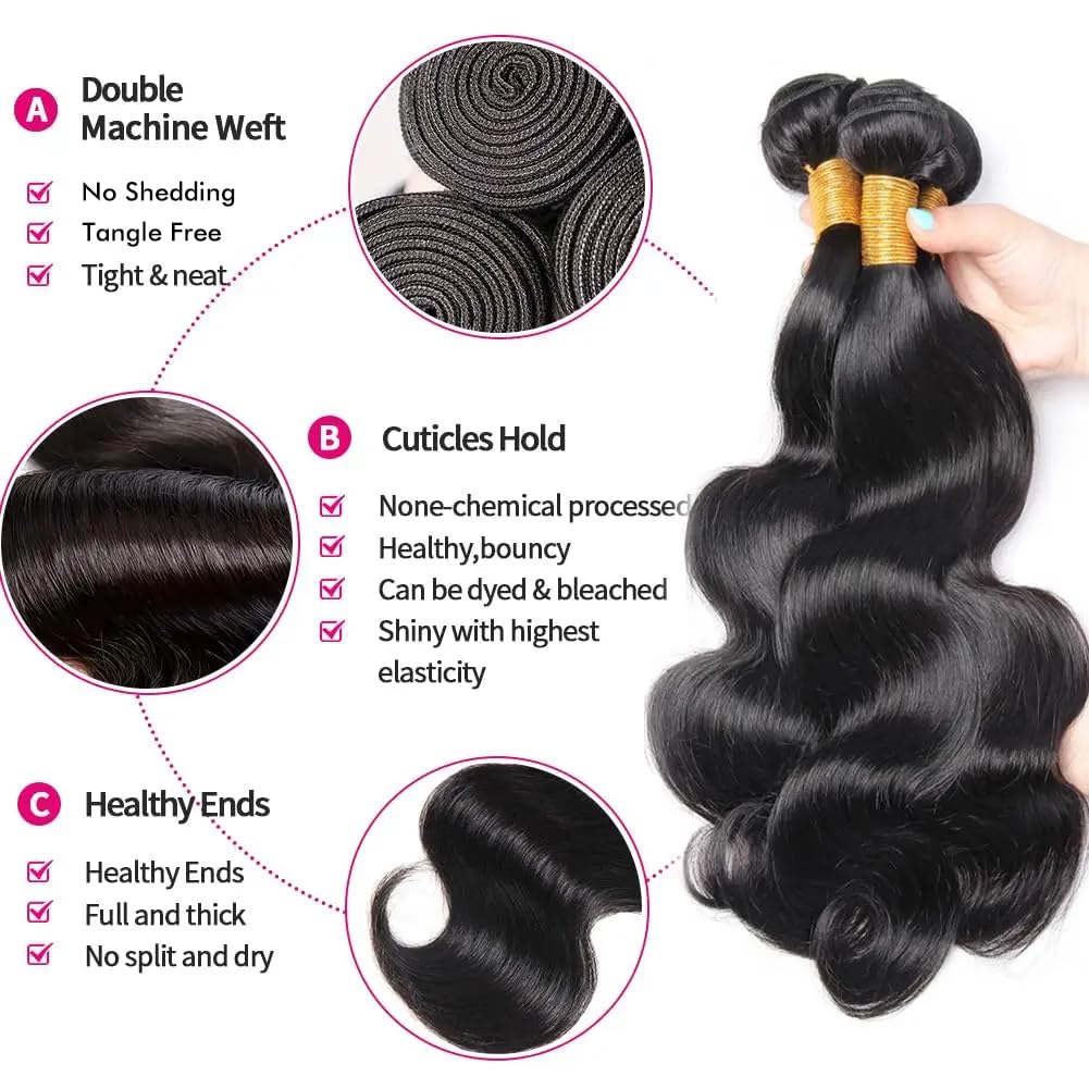 Human Hair Bundles Body Wave Human Hair Weave 3 Bundles 16 18 20 Inch 100% Unprocessed Brazilian Virgin Human Hair Extensions Quick Weave for Black Women Natural Black