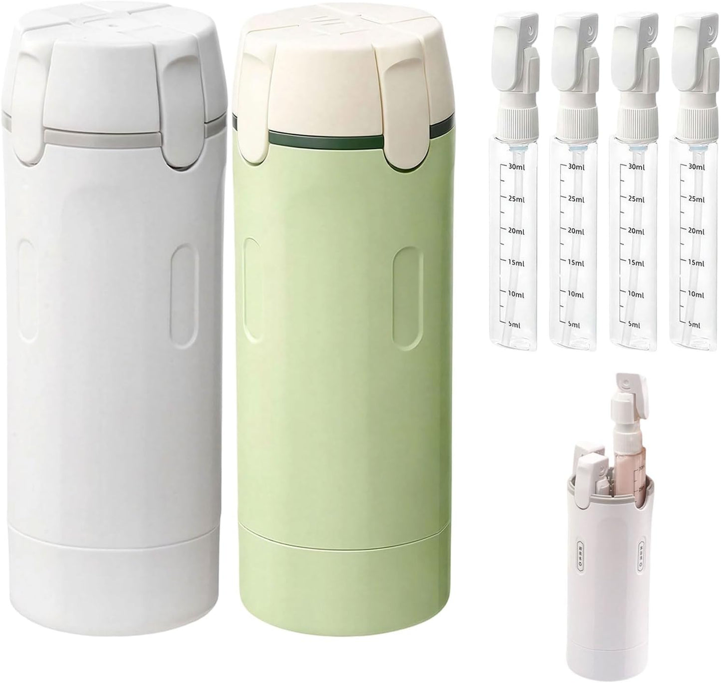 Travel Toiletries Bottle Set - 4 in 1 Refillable Dispenser for Shampoo, Lotion, Conditioner | Leak-Proof, Portable Containers (White & Green)