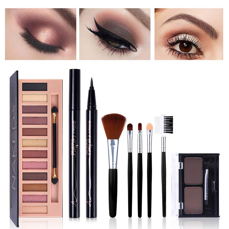 All-in-One Makeup Kit - 12 Color Nude Shimmer Eyeshadow Palette, Waterproof Eyeliner & Brushes | Quicksand Cosmetic Bag Gift Set