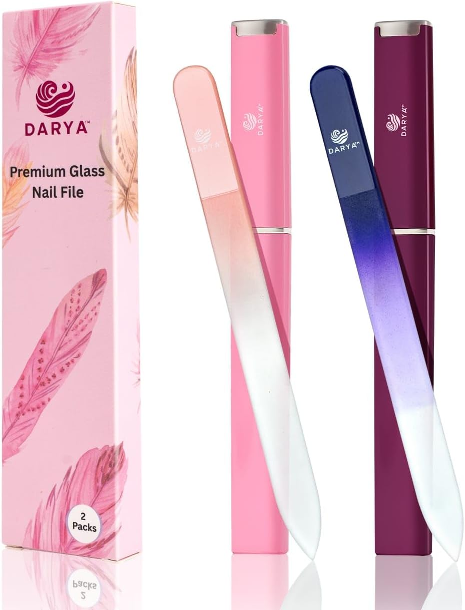 Crystal Glass Nail File Set - Premium Double-Sided Etched Glass Fingernail Files | 2 Pack with Protective Case for Gentle Nail Care