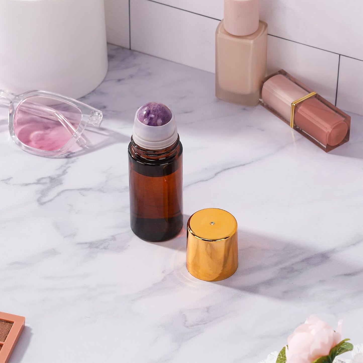 Large Amber Glass Roll-On Bottles for Essential Oils | 2-Pack Refillable Roller Ball Applicators with Purple Crystal Rollerball