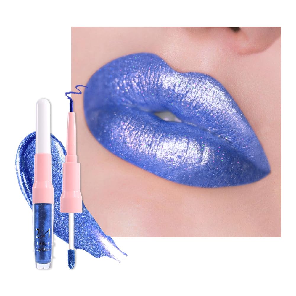 Dark Purple Red Metallic Glitter Lip Liner & Lipstick Combo - Long Lasting Waterproof Liquid Lipstick Set for Women | Iridescent Shine, Non-Stick Cup