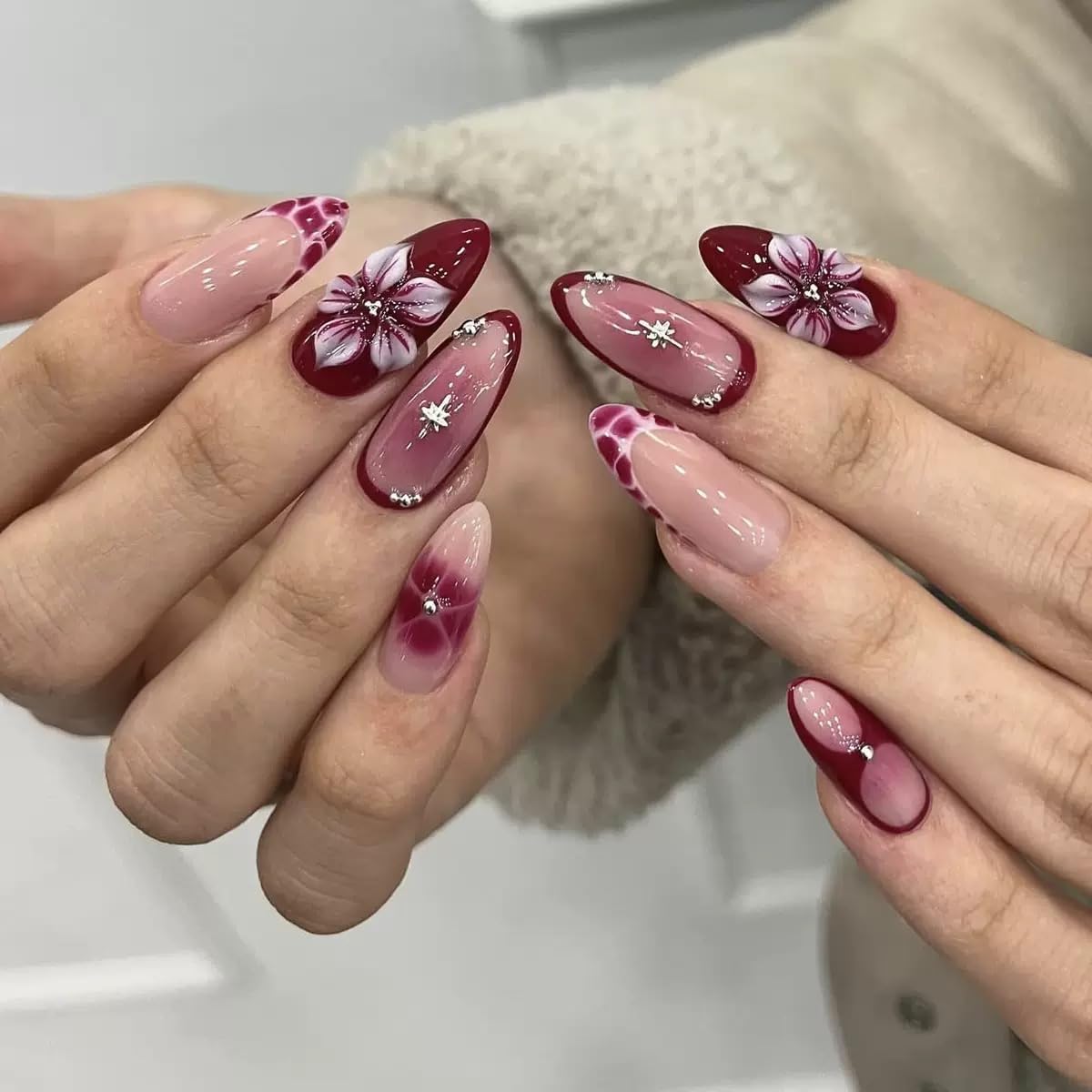 Almond Press-On Nails - Ombre Purple Floral Butterfly Design | 24 Full Cover Rhinestone False Nails for Women