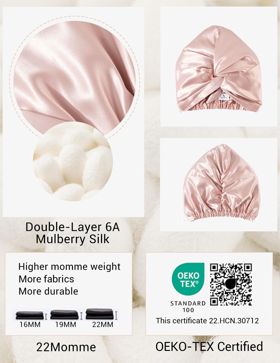 22 Momme 100% Mulberry Silk Bonnet - Anti-Slip Double-Layered Design for Curly Hair | One Size (21-24 Inch) - Pink