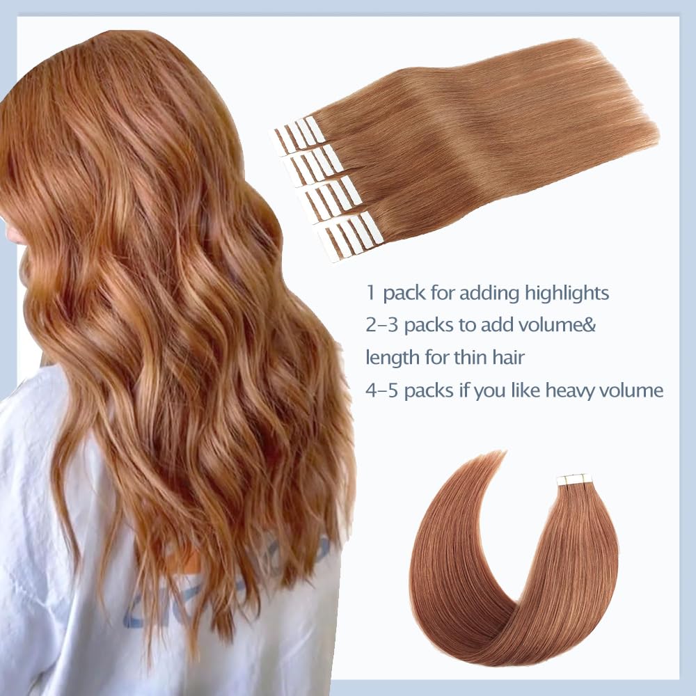 24 Inch #30 Brown Tape in Extensions Human Hair Light Brown Straight Tape ins Hair Extensions Real Hair Skin Weft Seamless Invisible Remy Hair 40g 10Pcs.
