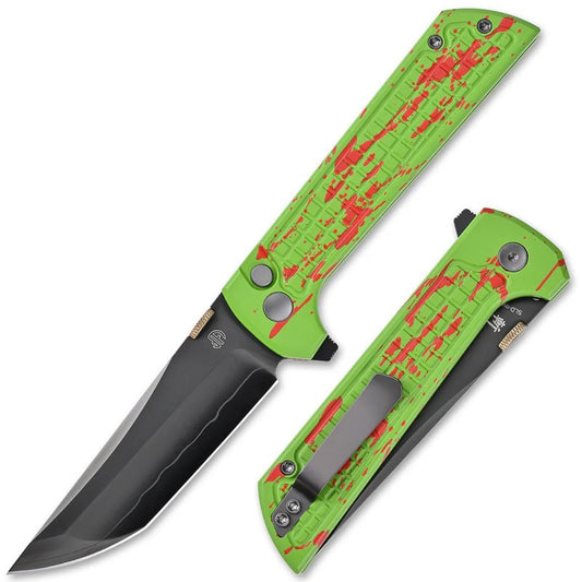 North Mountain Blade Manual Folding Pocket Knife for Men - SLD-Magic 3-Layer San Mai Steel - 3.5" DLC Coated Modified Tanto Blade - Lightweight Aluminum Handle with Secure Button Lock - Precision EDC Utility Tool for Outdoor Camping & Hiking (Grid Green)