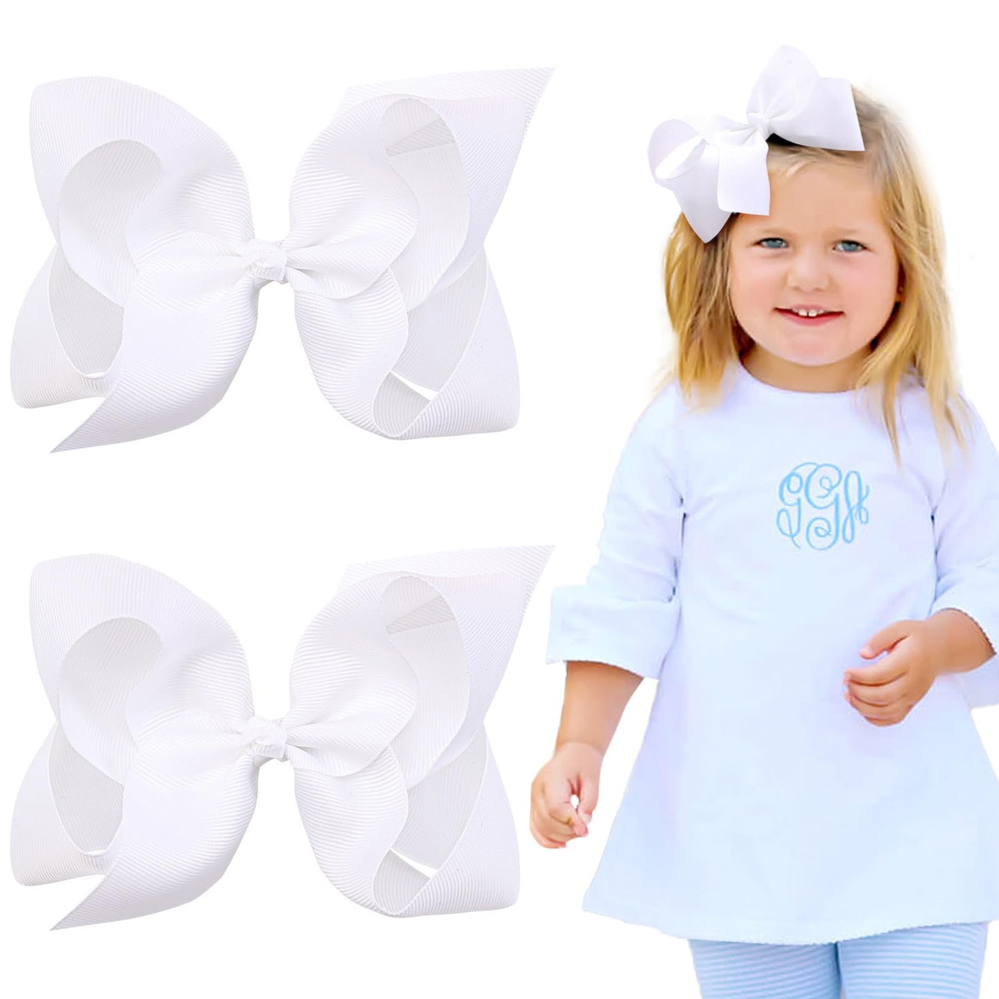 2PCS Oaoleer Layered Grosgrain Ribbon Alligator Hair Clips, White 6-inch Barrettes for Girls, Infants, Toddlers, Kids, and Teens