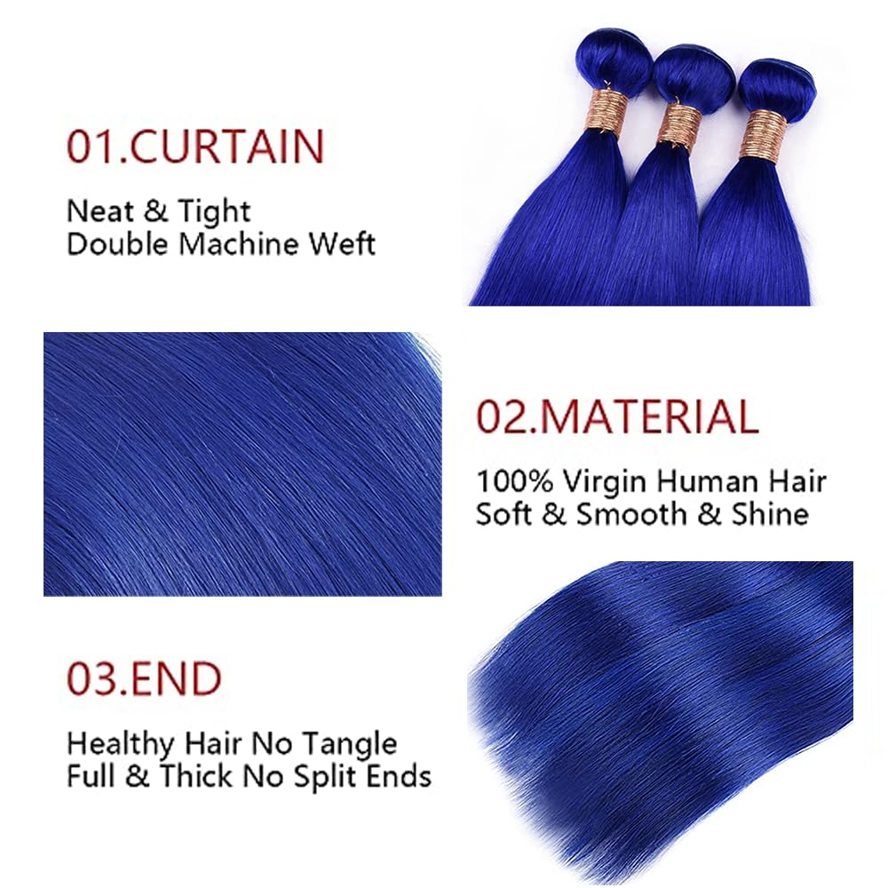32 32 32 Inch Blue Bundles Human Hair Blue Straight Bundles Same length Brazilian Virgin Blueness Bundle Hair Extensions 300g