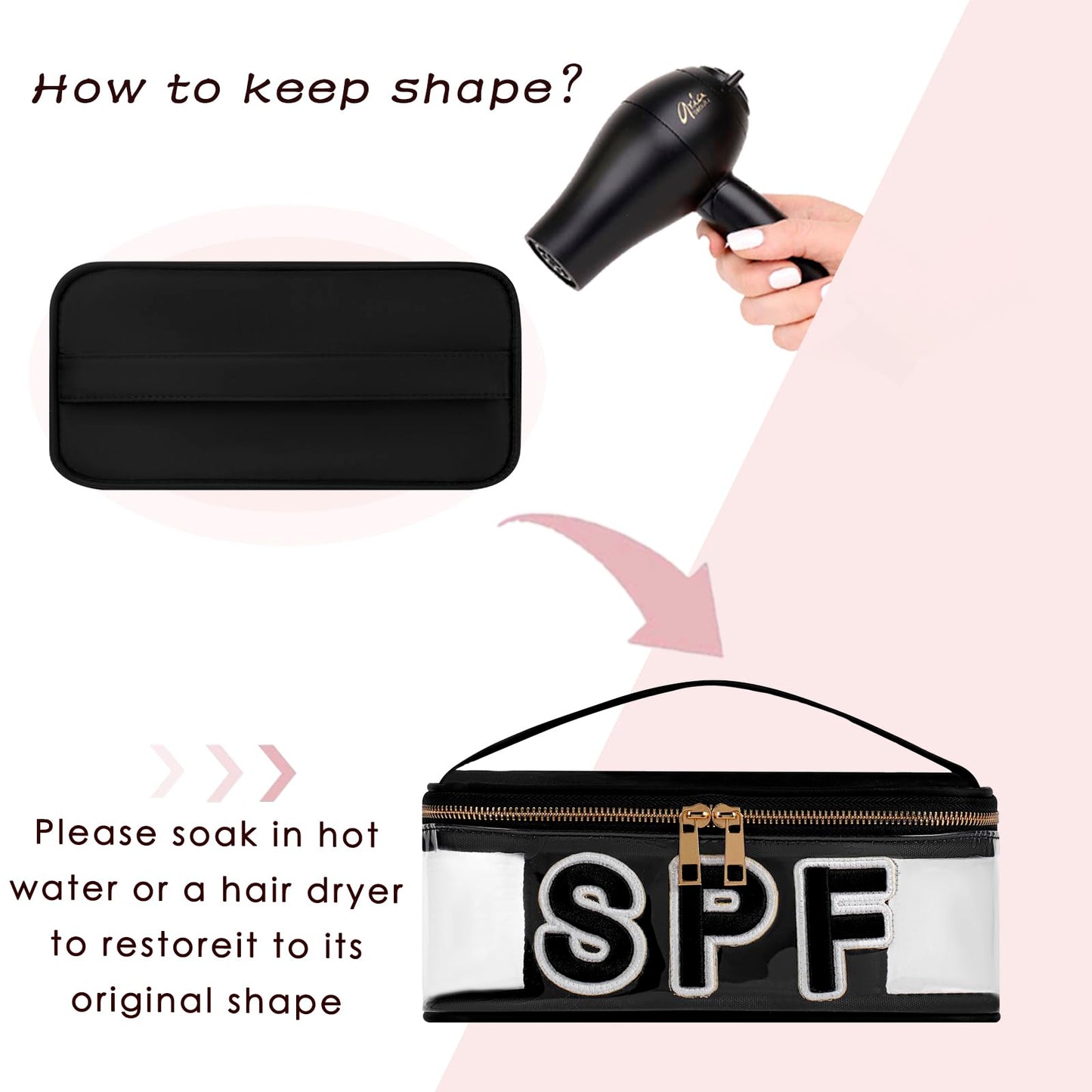 RSRSLEII Clear Waterproof Summer SPF Makeup Bag，Aesthetic Transparent Letter Patch Cosmetic Bag with Metal Zipper, Preppy Sunscreen Accessories Storage Organization, Beach Travel Purse(07SPF Black)