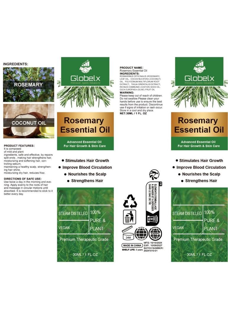Rosemary Scalp & Hair Oil with Castor & Coconut Oil – Lightweight Nourishing & Strengthening Hair Care for Dry, Damaged & Thinning Looking Hair – Non-Greasy Essential Oil Blend for Women & Men, 30ml