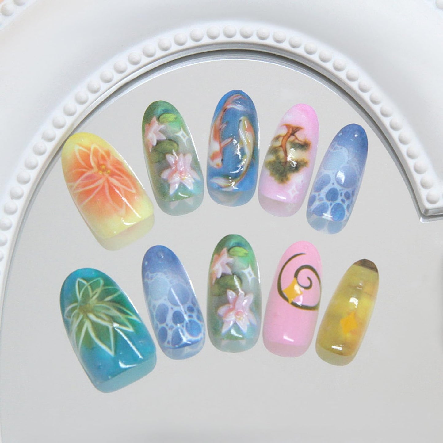 Press-On Nails - 24Pcs Medium Almond Fake Nails with Lotus & Lucky Koi Design | Glossy Full Cover for Spring/Summer DIY Manicure
