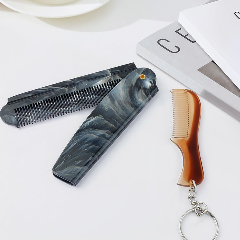 2Pcs Folding Pocket Comb for Men - Portable Oil Head Hair Comb & Mini Keychain Beard Comb, Anti-Static Styling Tool for Travel, Daily Grooming, Pompadour & Beard Care