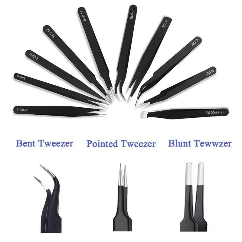 Tweezers Precision Set,Easily Life 10pcs ESD Tweezers Set, Anti Static Stainless Steel Anti Magnetic Tweezers Set with Storage Bag for Craft,Electronics Repair,jewelry repair,Laboratory Work,etc