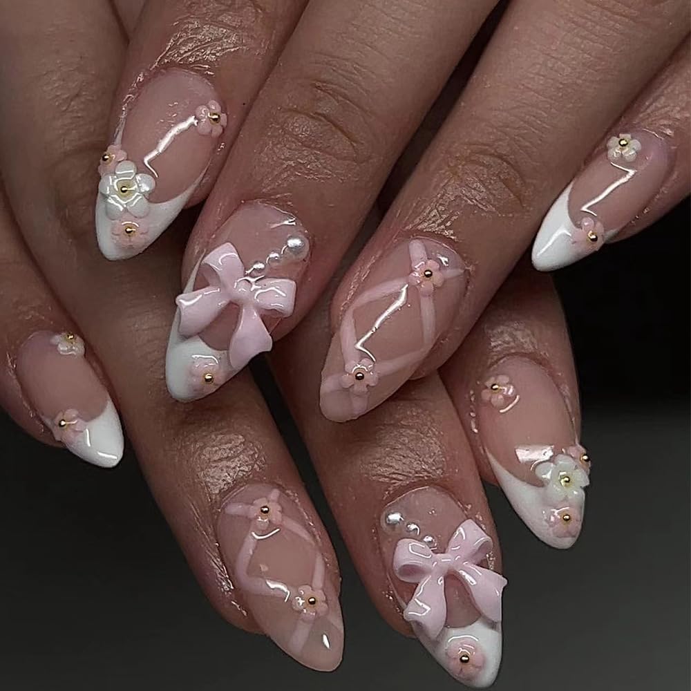 Short Almond Press-On Nails - French Tip & 3D Gold Star Design | Glossy Full Cover Acrylic, Reusable Fake Nails for Women