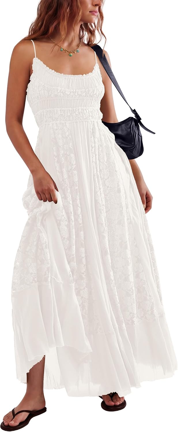 Bohemian Maxi Dress for Women - Casual Lace Floral Embroidery | Flowy A-Line Beach Dress