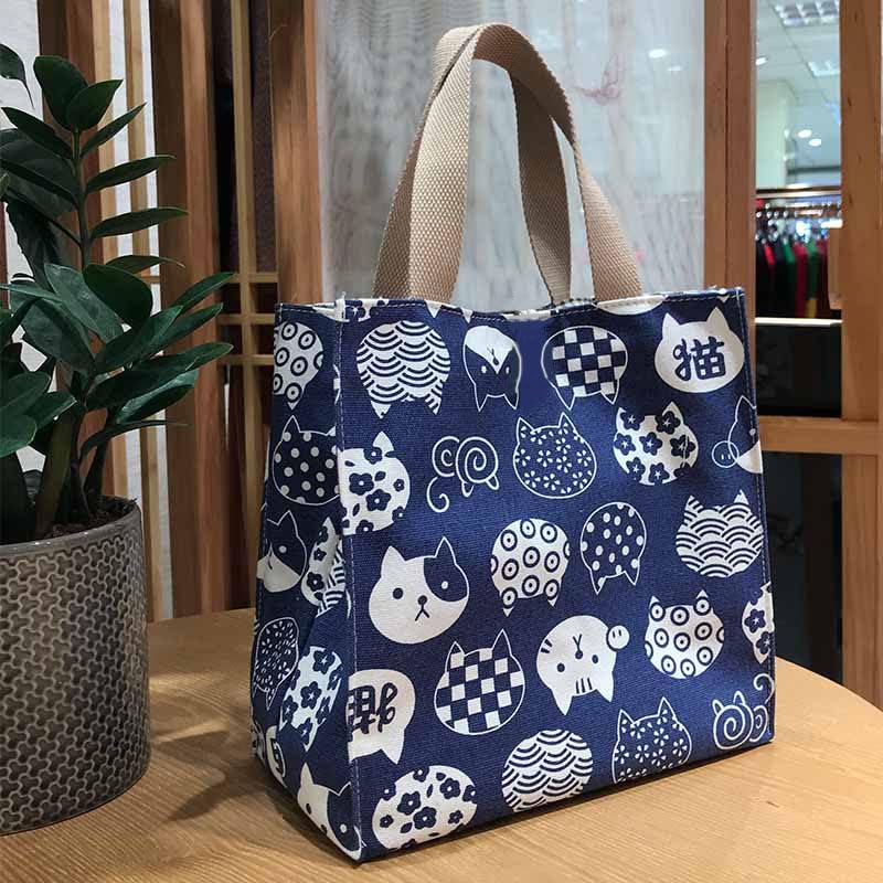 Chic Thermal Insulated Cat Lunch Bag - Canvas with PVC Lining