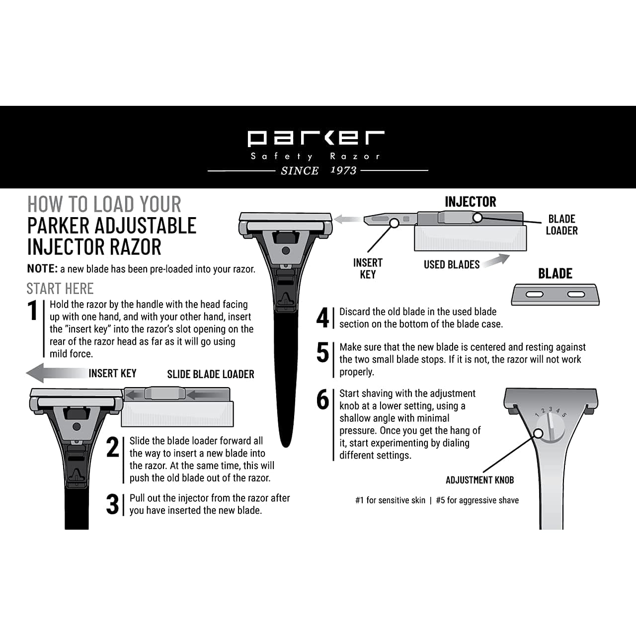 Parker Adjustable Injector Razor – Single‑Edge Safety Razor with Dial‑Control (Settings 1–5) + 20 Injector Blades (Stainless/Resin Handle)