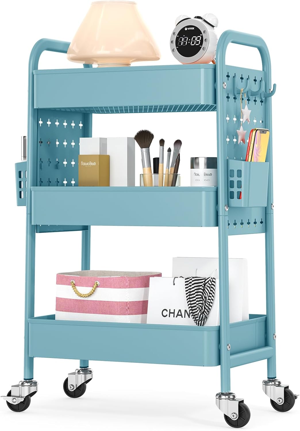 Metal Rolling Storage Cart - 3-Tier Utility Mobile Trolley with DIY Pegboards & Baskets | Pure Pink