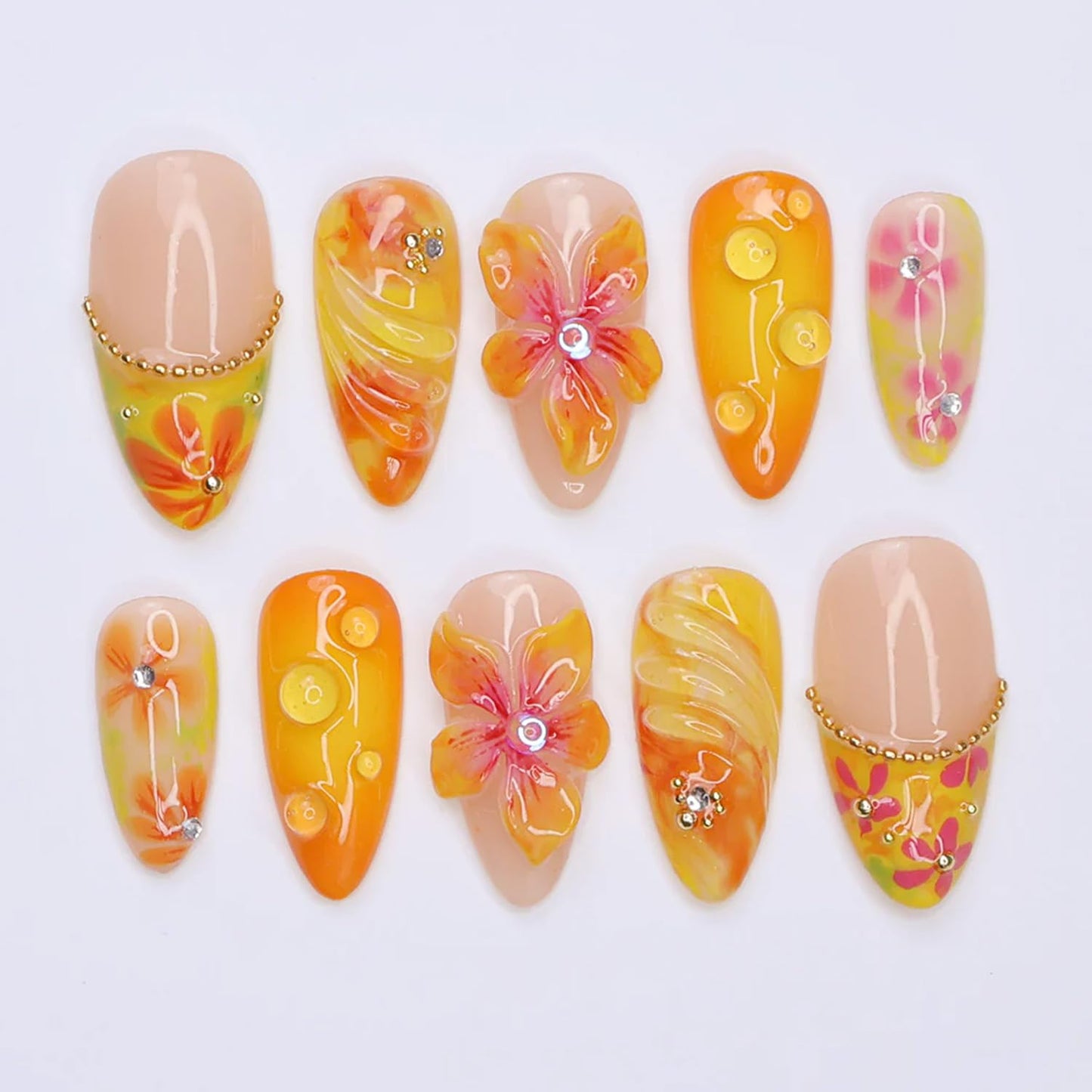 Flower Press-On Nails - 10 Pcs Short Almond Style with Gold Shell & Starfish Rhinestones | Reusable Cute Handmade Acrylic Nails for Women & Girls