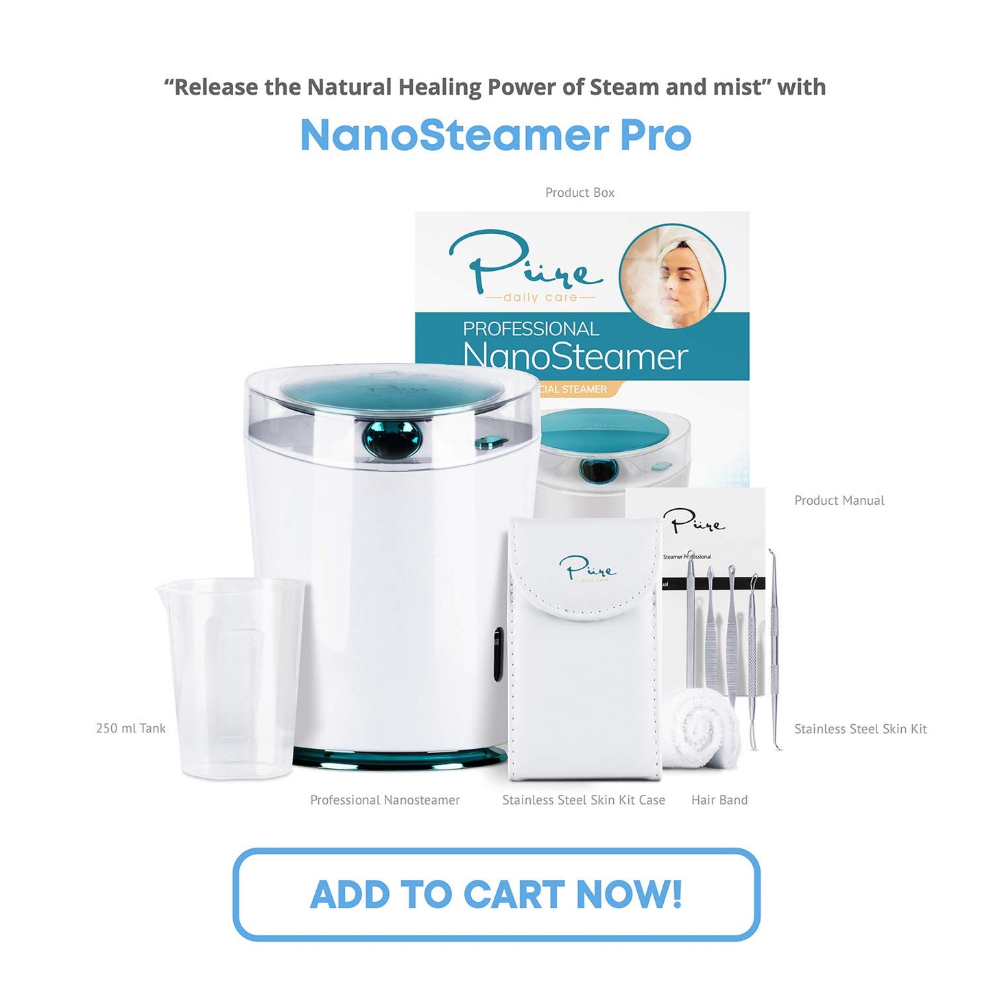 NanoSteamer PRO Professional 4-in-1 Nano Ionic Facial Steamer for Spas - 30 Min Steam Time - Humidifier - Unclogs Pores - Blackheads - Spa Quality - 5 Piece Stainless Steel Skin Kit Included