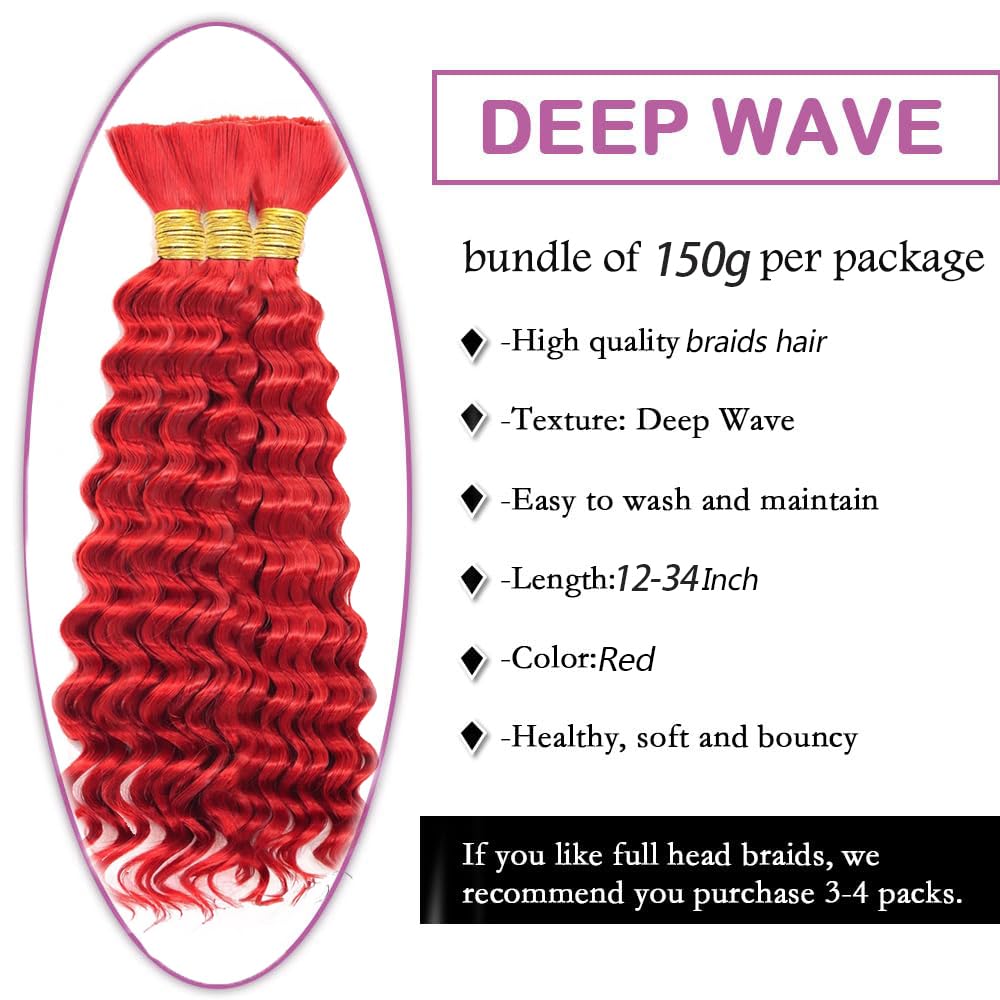 30 30 30 Inch Red Boho Human Hair Braiding Red Human Braiding Hair For Boho Braids Deep Wave Braids Bulk Bohemian 3 Bundles/Pack 150g